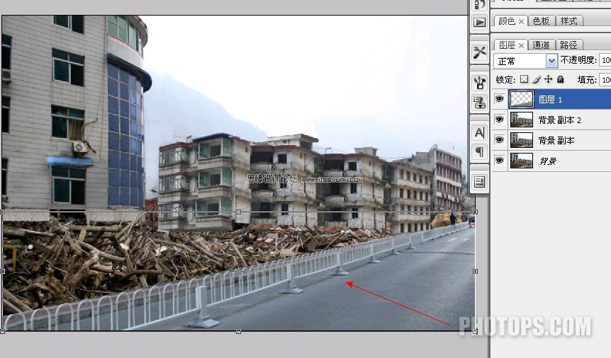 Photoshop修复地震后损毁的楼房街道