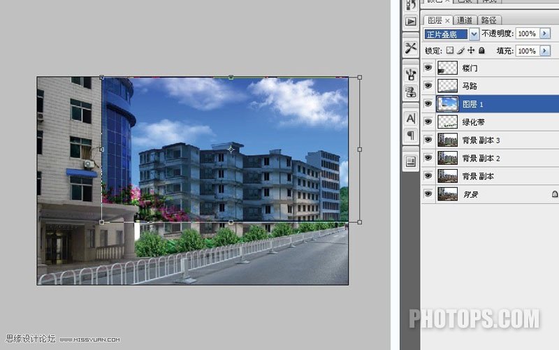 Photoshop修复地震后损毁的楼房街道