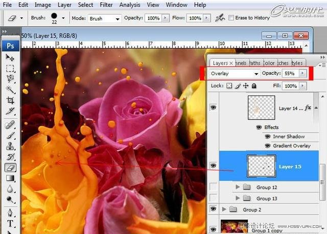 Photoshop制作喷溅效果的玫瑰花朵