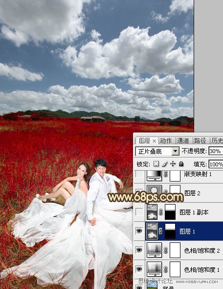 Photoshop调出草原婚片暗红色调
