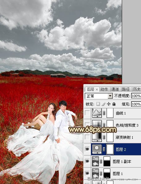Photoshop调出草原婚片暗红色调