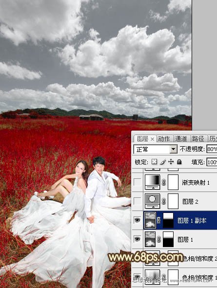 Photoshop调出草原婚片暗红色调