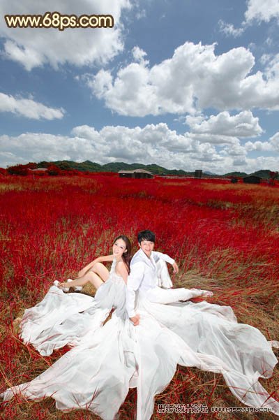 Photoshop调出草原婚片暗红色调