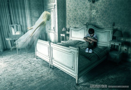 Photoshop合成一个幽灵飞舞的恐怖房间