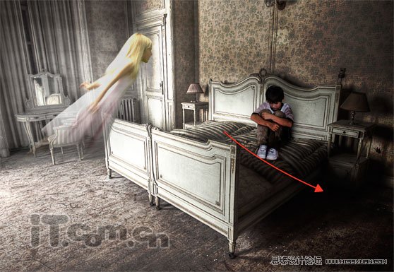 Photoshop合成一个幽灵飞舞的恐怖房间