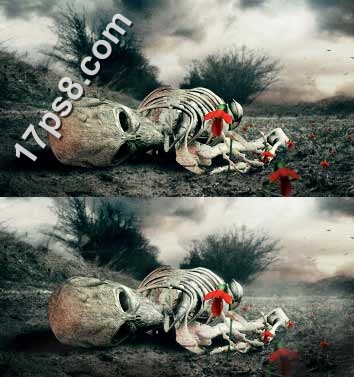 Photoshop合成骷髅与玫瑰结合的死亡场景