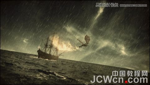 Photoshop合成雷雨交加的海面西方龙对船喷火画面,PS教程,图老师教程网