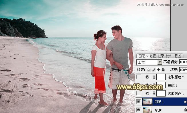 Photoshop调出海滩情侣照负冲青黄色调,PS教程,图老师教程网
