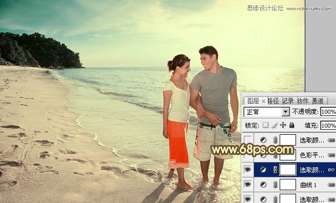 Photoshop调出海滩情侣照负冲青黄色调,PS教程,图老师教程网
