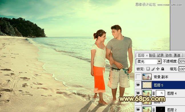 Photoshop调出海滩情侣照负冲青黄色调,PS教程,图老师教程网