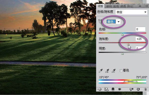 Photoshop完美修复偏暗的树林朝霞图片