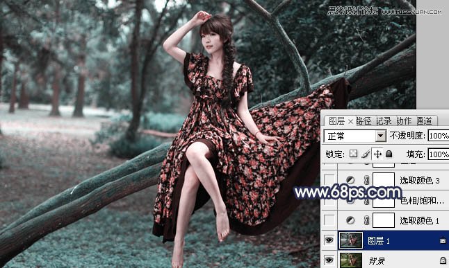 Photoshop调出树林美女梦幻的深蓝色调,PS教程,图老师教程网