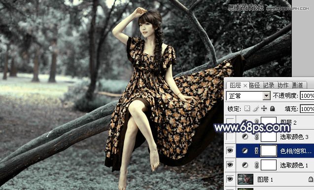 Photoshop调出树林美女梦幻的深蓝色调,PS教程,图老师教程网