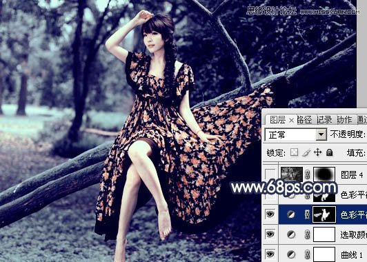 Photoshop调出树林美女梦幻的深蓝色调,PS教程,图老师教程网