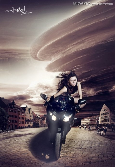 Photoshop合成远离灾难城市的女摩托车手,PS教程,图老师教程网