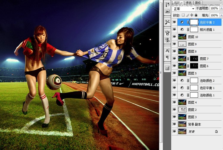 Photoshop合成足球场上超酷的足球宝贝,PS教程,图老师教程网