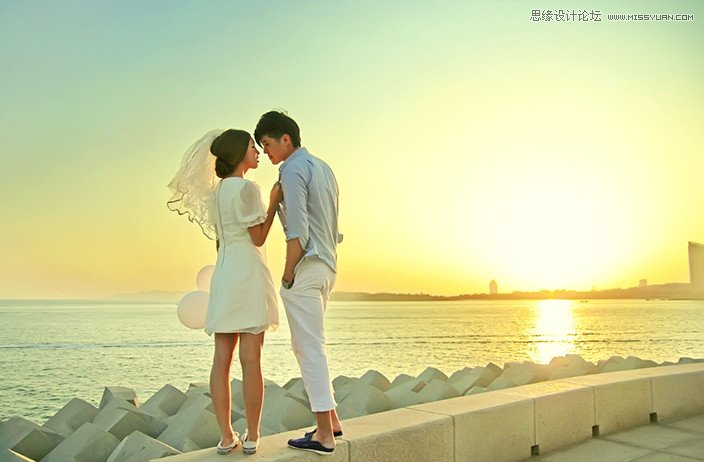 Photoshop调出夕阳下海边情侣婚纱照片 - 转载
