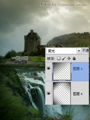 Photoshop合成城堡边上瀑布场景