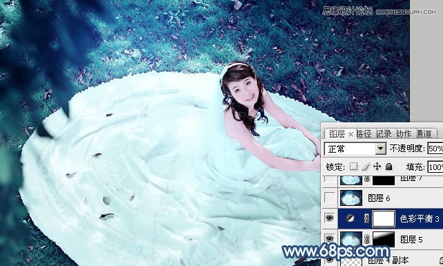 Photoshop调出草地美女梦幻蓝色调,PS教程,图老师教程网