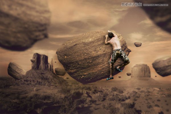 Photoshop合成攀爬在石头上的人像场景,PS教程,图老师教程网
