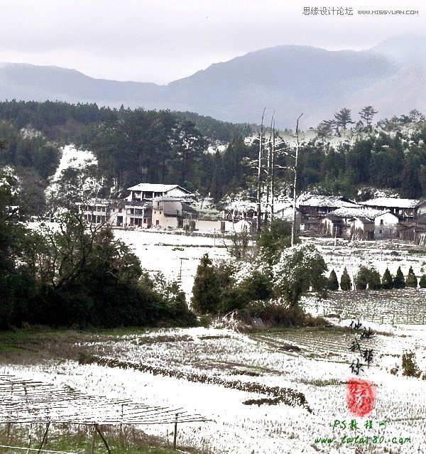 Photoshop给山间乡村照片添加雪景效果,PS教程,图老师教程网