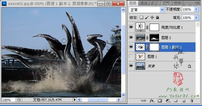 Photoshop合成史前大章鱼袭击轮船教程,PS教程,图老师教程网