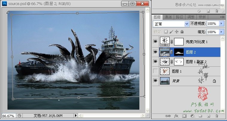 Photoshop合成史前大章鱼袭击轮船教程,PS教程,图老师教程网