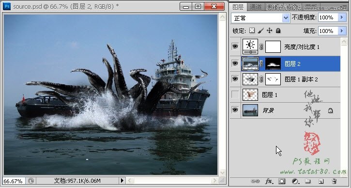 Photoshop合成史前大章鱼袭击轮船教程,PS教程,图老师教程网