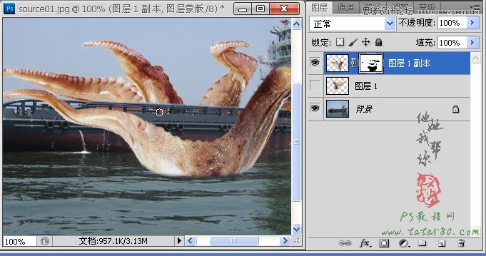 Photoshop合成史前大章鱼袭击轮船教程,PS教程,图老师教程网