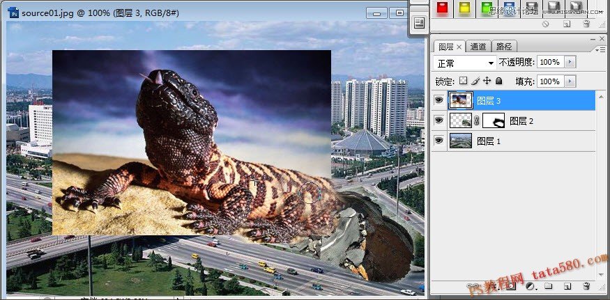 Photoshop合成破土重生毁灭城市的哥斯拉,PS教程,图老师教程网