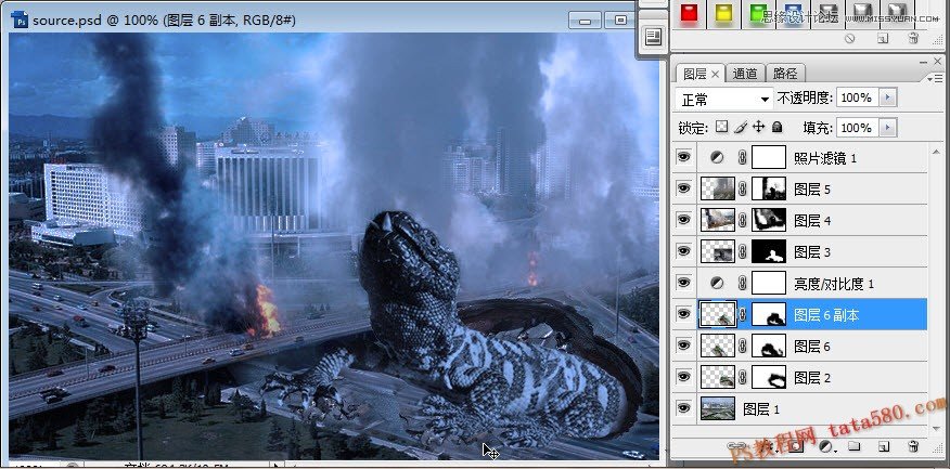 Photoshop合成破土重生毁灭城市的哥斯拉,PS教程,图老师教程网