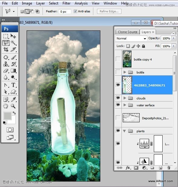 Photoshop创意合成海水中漂流的许愿瓶和海岛,PS教程,图老师教程网