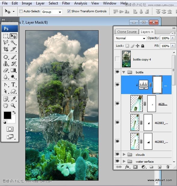 Photoshop创意合成海水中漂流的许愿瓶和海岛,PS教程,图老师教程网