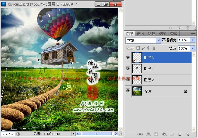 Photoshop合成用热气球飘起来的房屋,PS教程,图老师教程网