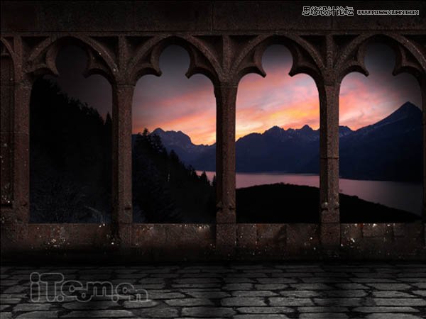 Photoshop绘制古城堡阳台夕阳景色,PS教程,图老师教程网