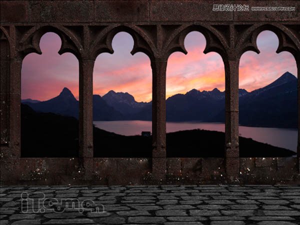 Photoshop绘制古城堡阳台夕阳景色,PS教程,图老师教程网