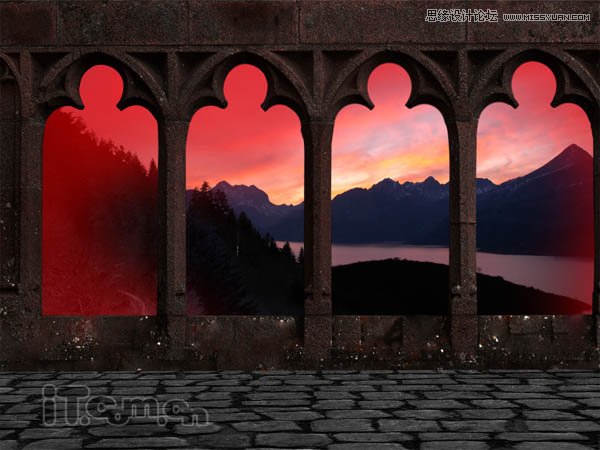 Photoshop绘制古城堡阳台夕阳景色,PS教程,图老师教程网