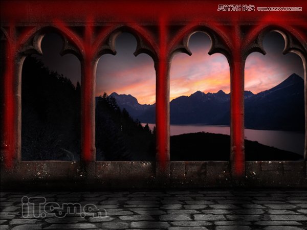 Photoshop绘制古城堡阳台夕阳景色,PS教程,图老师教程网