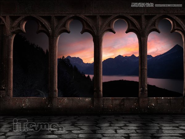 Photoshop绘制古城堡阳台夕阳景色,PS教程,图老师教程网