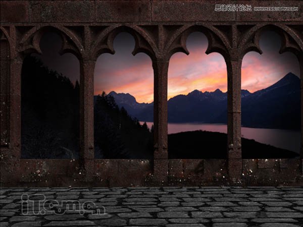 Photoshop绘制古城堡阳台夕阳景色,PS教程,图老师教程网