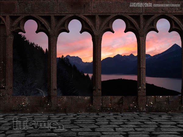 Photoshop绘制古城堡阳台夕阳景色,PS教程,图老师教程网