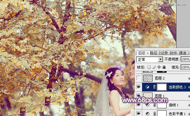 Photoshop调出林下婚片秋季金黄色调