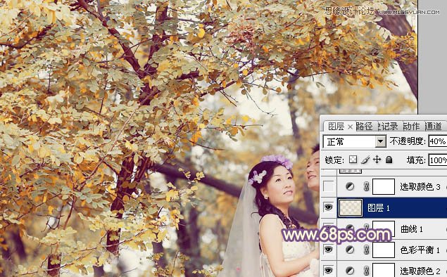 Photoshop调出林下婚片秋季金黄色调