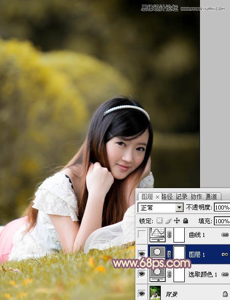 Photoshop调出草地上的美女照片柔美紫色调