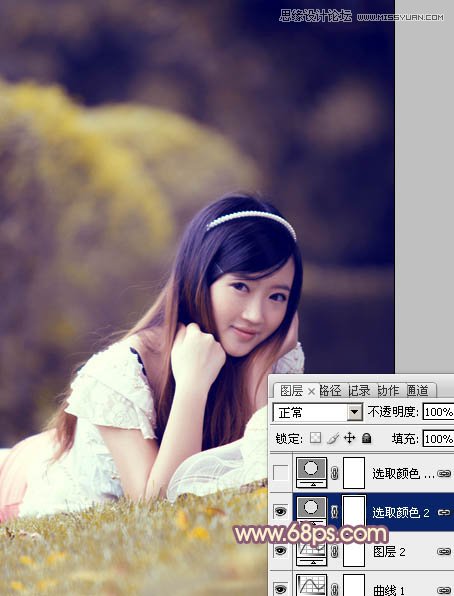 Photoshop调出草地上的美女照片柔美紫色调
