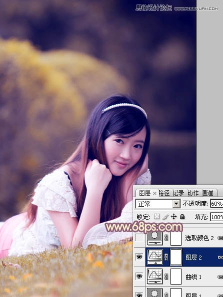 Photoshop调出草地上的美女照片柔美紫色调