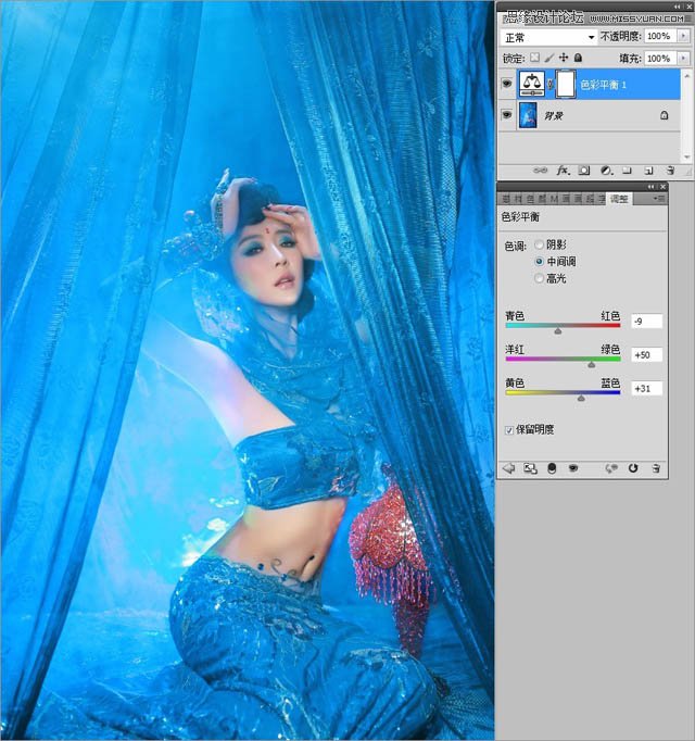 Photoshop调出室内美女照片梦幻蓝色调