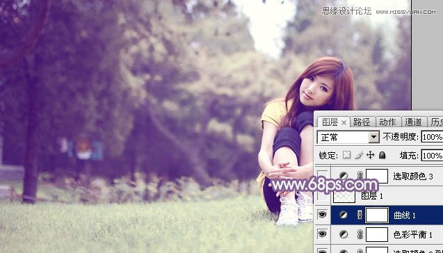 Photoshop调出草地上的美女梦幻紫色调