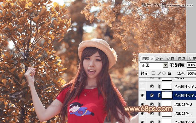 Photoshop调出林中女孩秋季黄褐色调