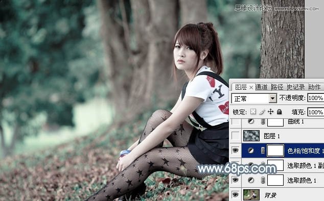 Photoshop调出树下美女唯美的青色效果